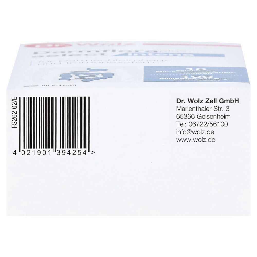 Rückseite der Darmflora plus select intens Verpackung. Barcode, Herstelleradresse: Dr. Wolz Zell GmbH, Marienhaler Str. 3, Geisenheim.