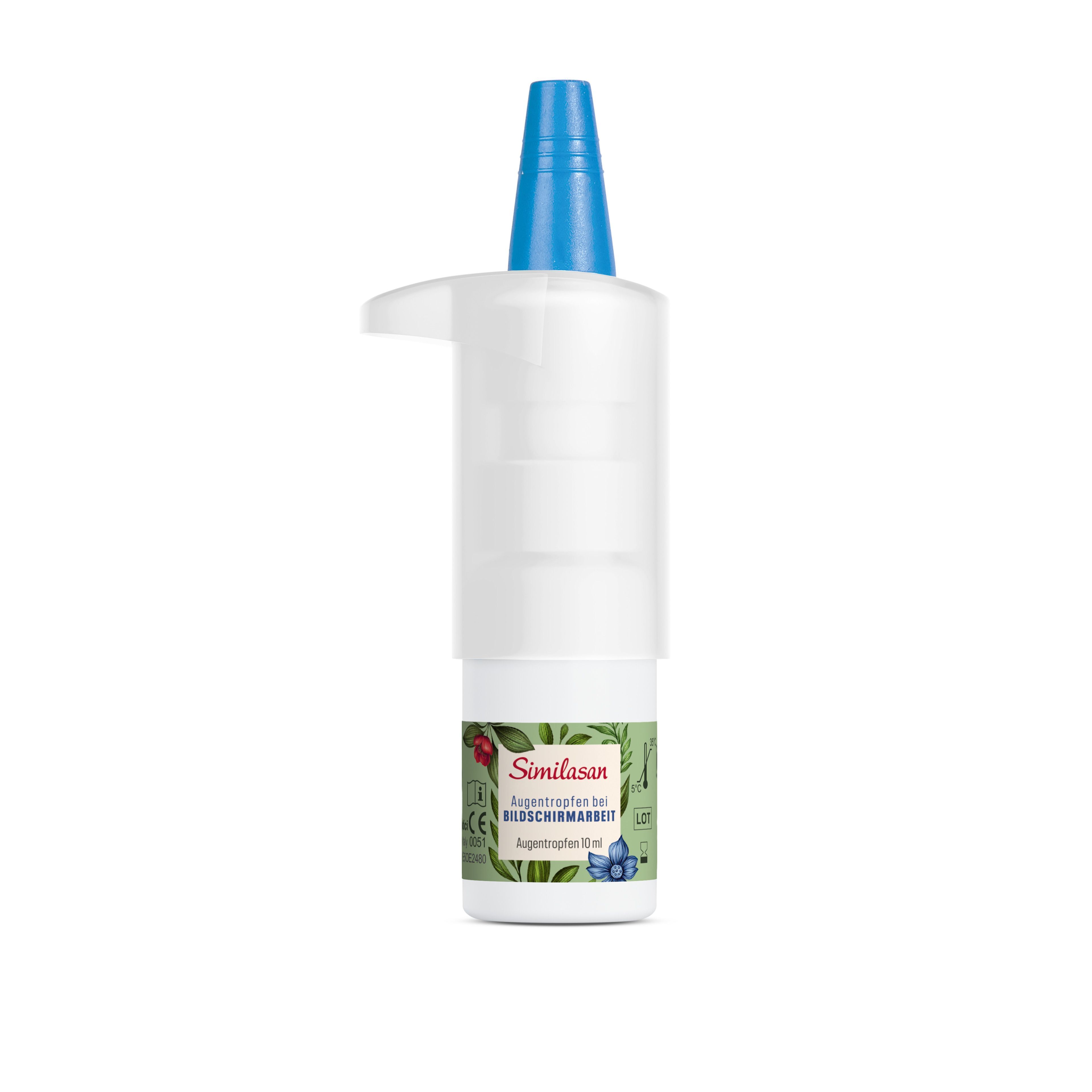Flasche Augentropfen mit blauem Verschluss und weißem Applikator. Aufschrift: Similasan Augentropfen bei Bildschirmarbeit.