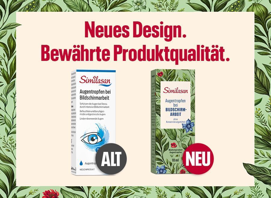 Vergleich von zwei Verpackungen Augentropfen. Links: alte Verpackung. Rechts: neue Verpackung. Aufschrift: Similasan Augentropfen bei Bildschirmarbeit.
