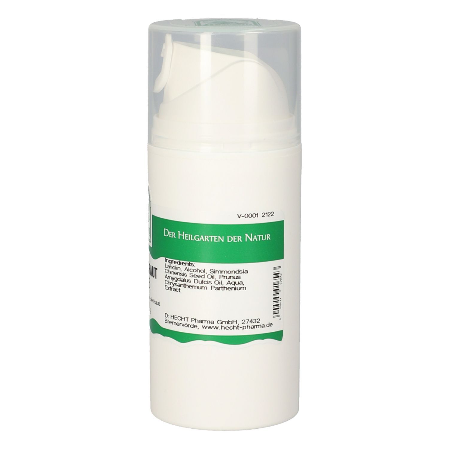 Weiße Spenderflasche mit grünem Etikett, das St. Severin Mutterkrautsalbe und Inhaltsstoffe auflistet.