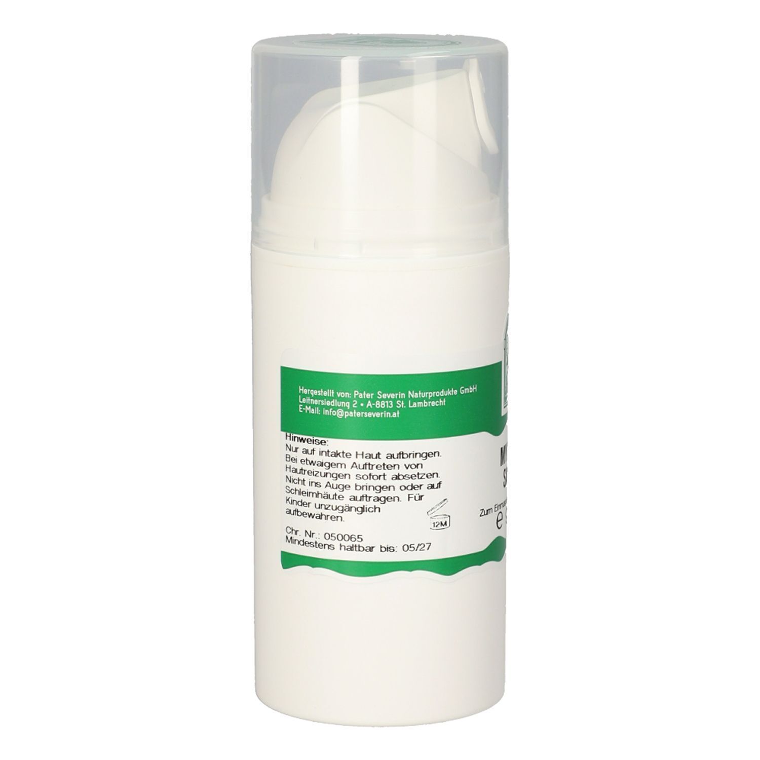 Weiße Spenderflasche mit grünem Etikett, das Anwendungshinweise und Haltbarkeit angibt.
