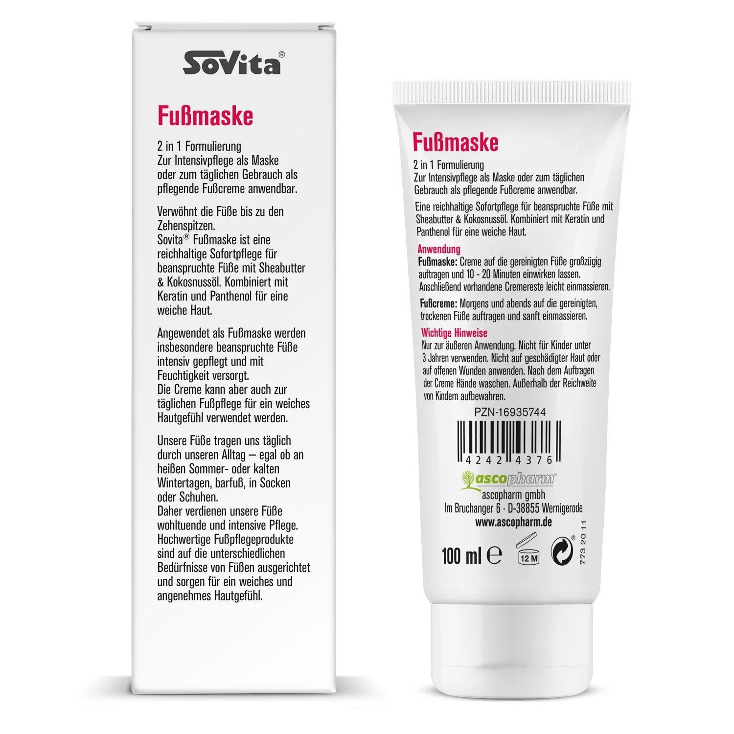 SoVita Fußmaske Tube und Verpackung. Weiße Tube, rosa Schrift. Verpackung mit Produktinformationen.
