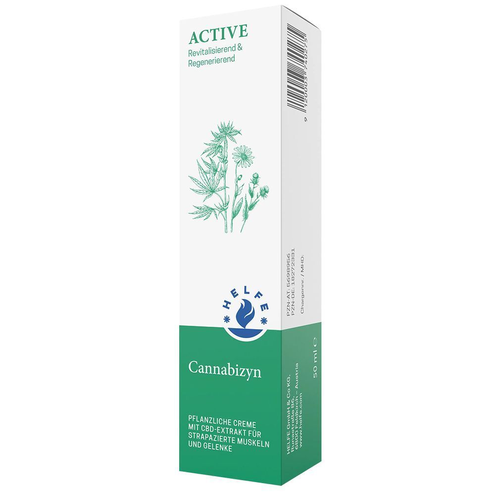 Kartons HELFE Cannabizyn Creme mit Pflanzenabbildung, Logo und Text 'ACTIVE', 50 ml.