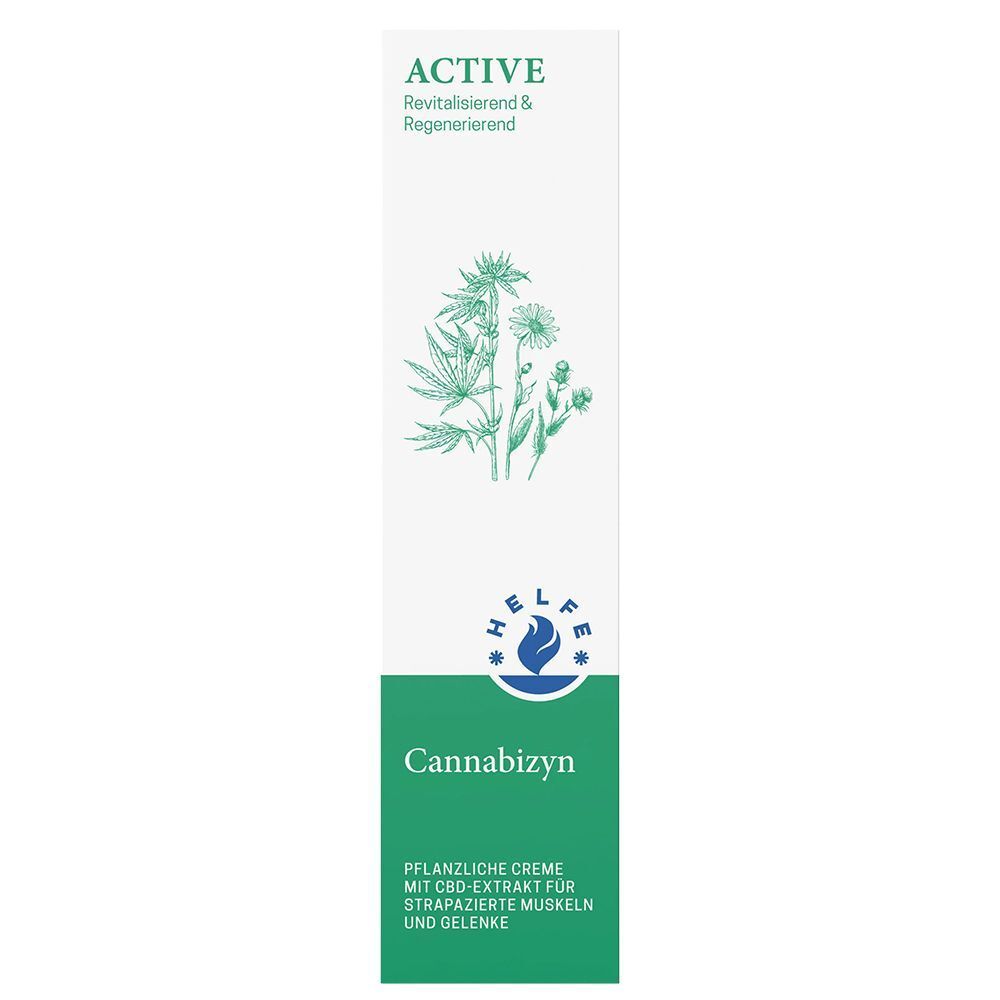 Kartons Cannabizyn Creme mit Pflanzenabbildungen, Logo und Text.