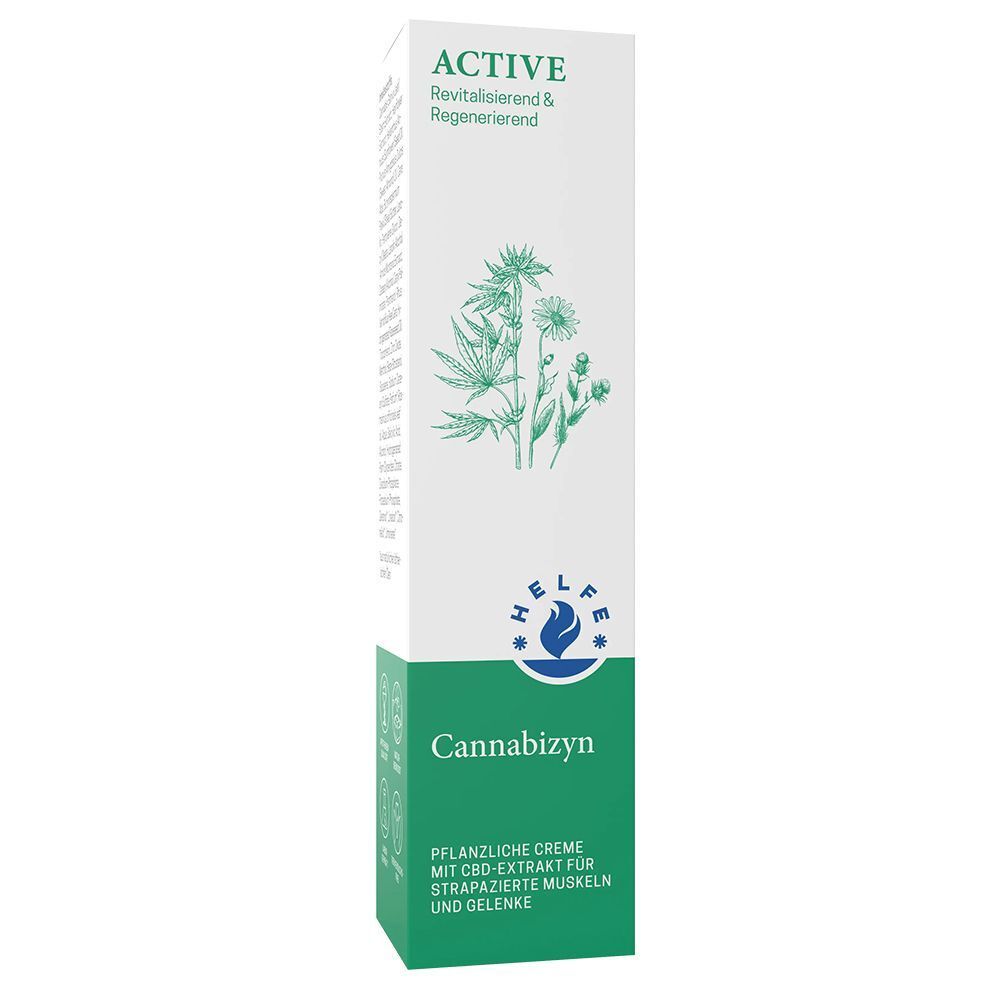 Kartons Cannabizyn Creme mit Pflanzenabbildungen, Logo und Text.
