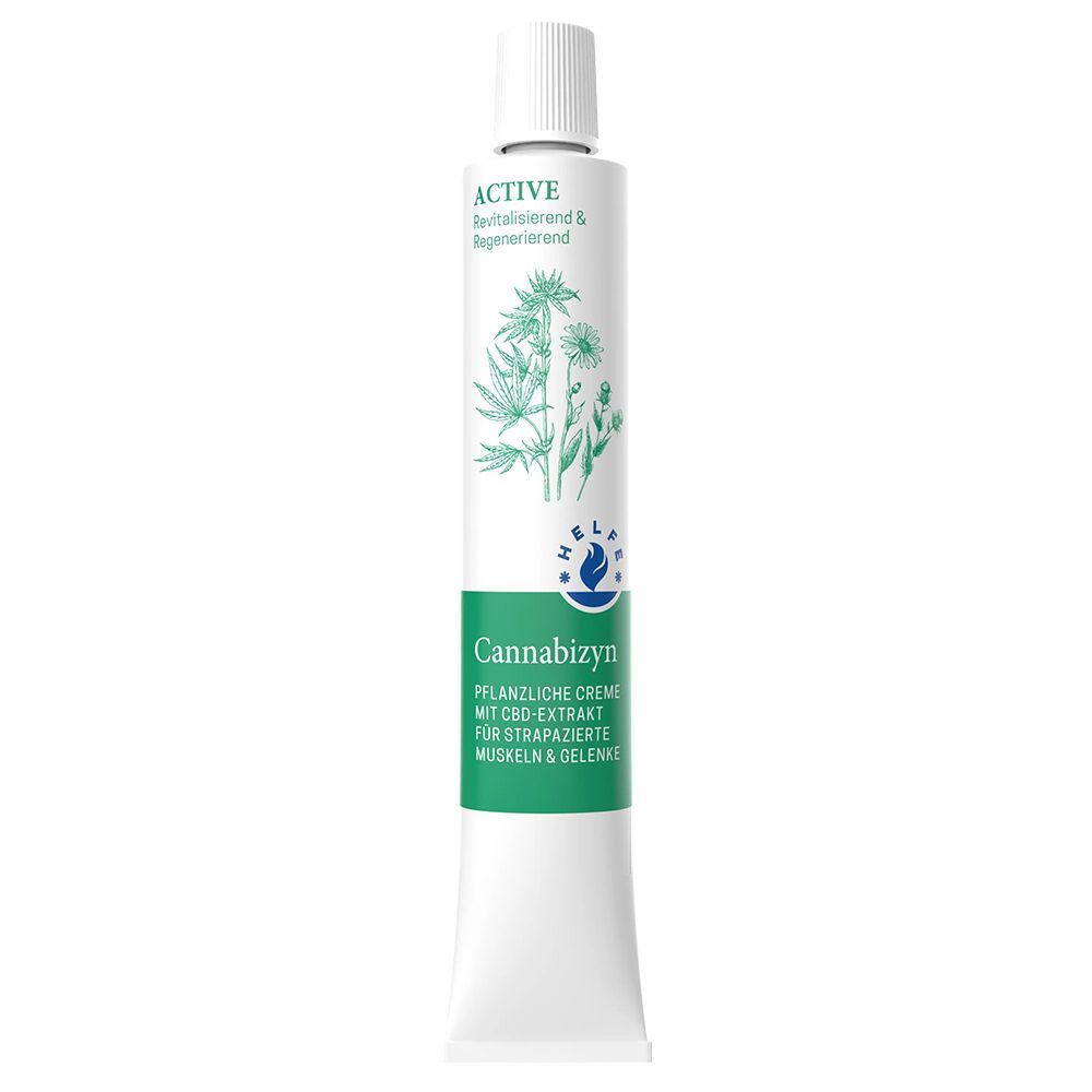 Tuben Cannabizyn Creme mit Pflanzenabbildungen, Logo und Text.