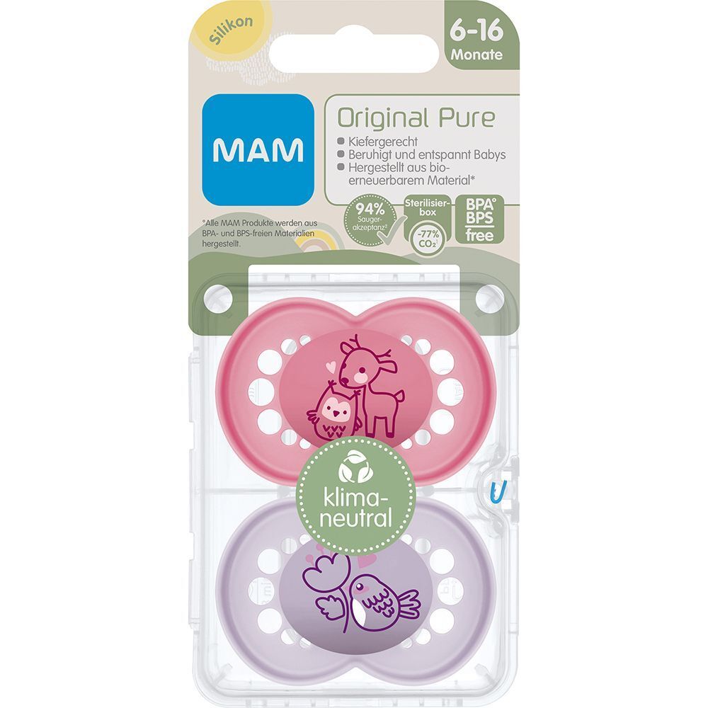 MAM Original Pure Silikonschnuller in Verpackung. Rosa und lila, mit Tier-Motiven. Altersempfehlung: 6-16 Monate. BPA-frei.