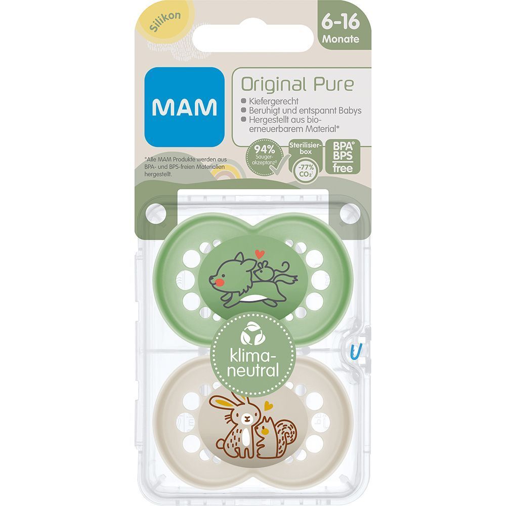 Zwei MAM Original Pure Silikonschnuller (6-16 Monate) in Grün und Beige mit Tiermotiven (Fuchs, Eichhörnchen). Klimaneutral.