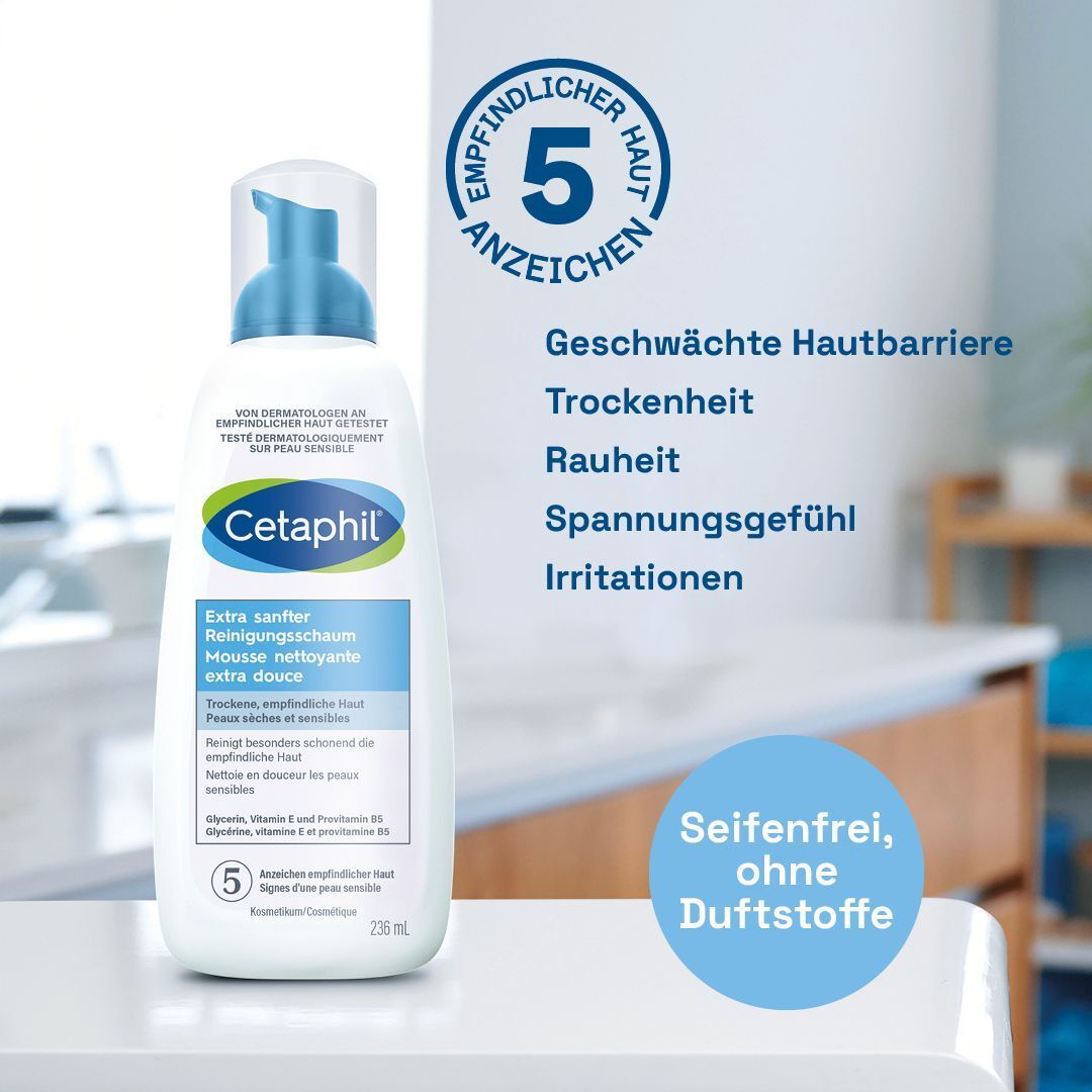 Cetaphil Reinigungsschaumflasche mit Text über 5 Anzeichen empfindlicher Haut.