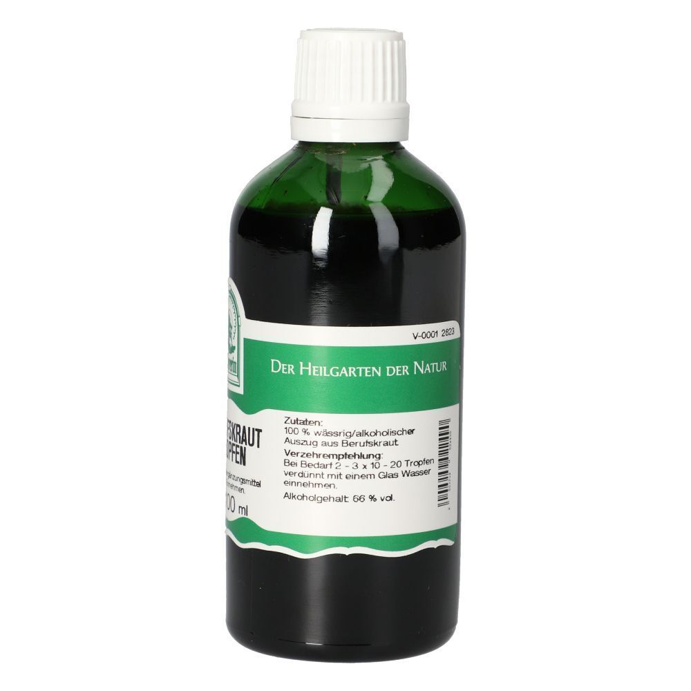 Grüne Flasche mit weißem Verschluss. Aufschrift: Berufskraut Tropfen, Der Heilgarten der Natur. Grünes und weißes Etikett.