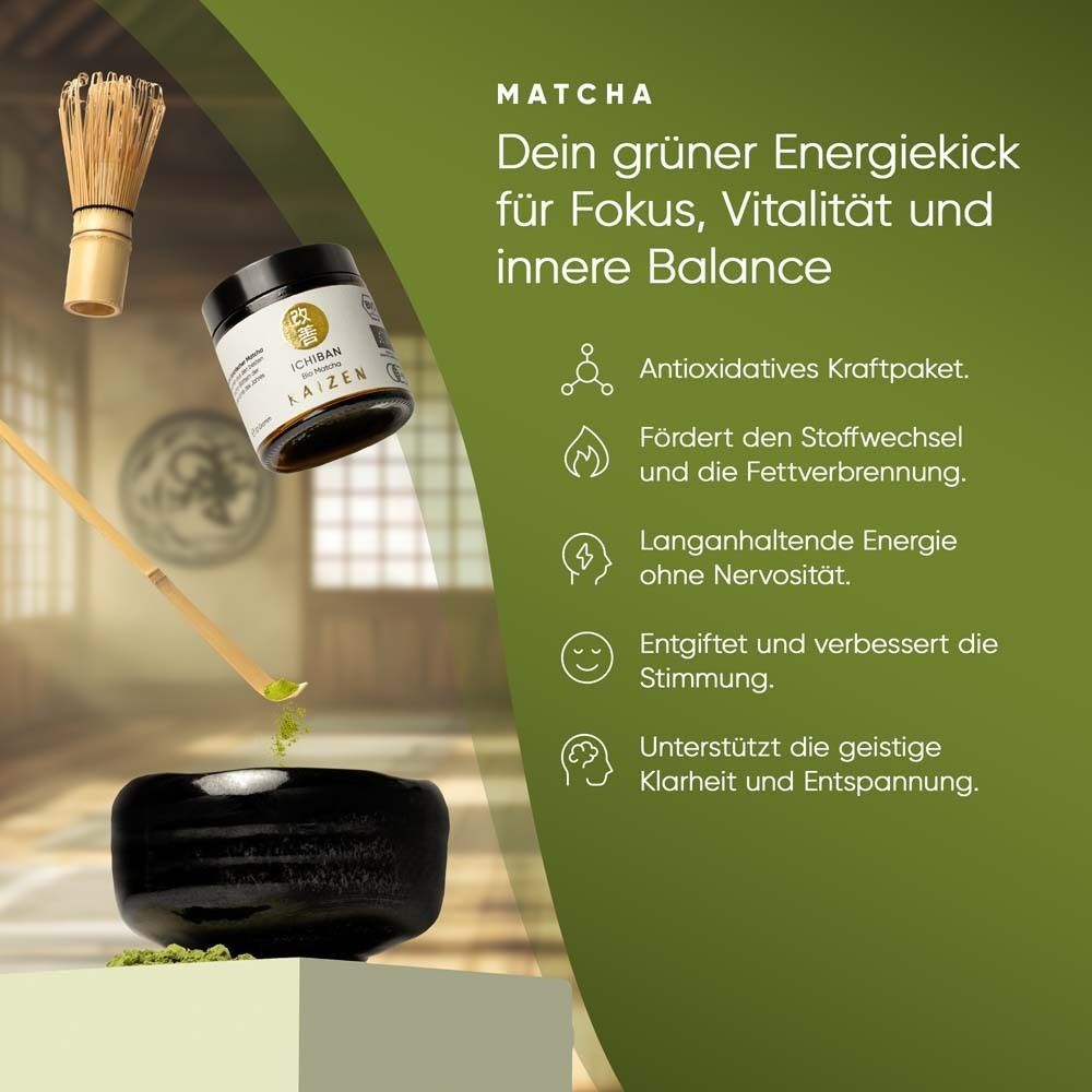 KAIZEN® ICHIBAN Bio-Matcha Tee Zubereitung mit Chasen und Chashaku.