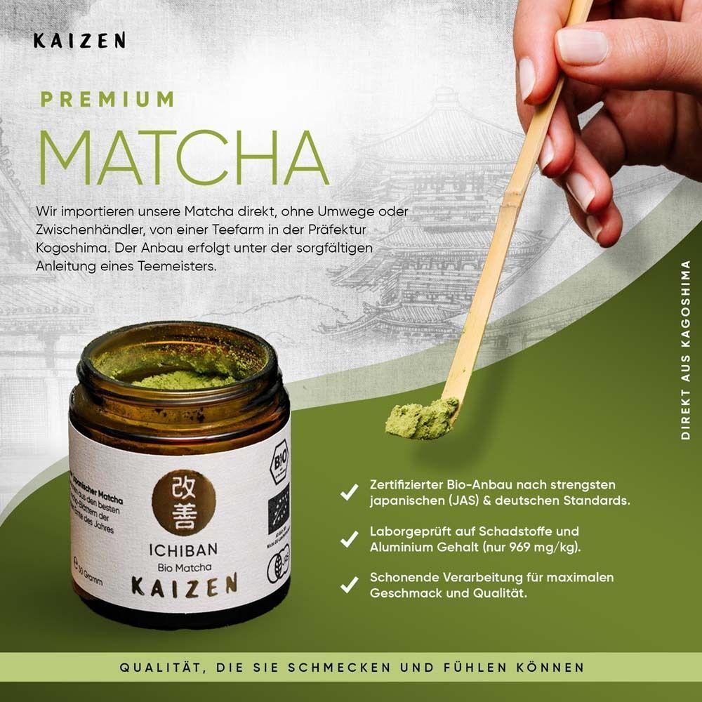 KAIZEN® Premium Matcha Glas, Matcha-Pulver, Löffel. Text: Zertifizierter Bio-Anbau, Laborgeprüft, schonende Verarbeitung. Direkt aus Kagoshima.