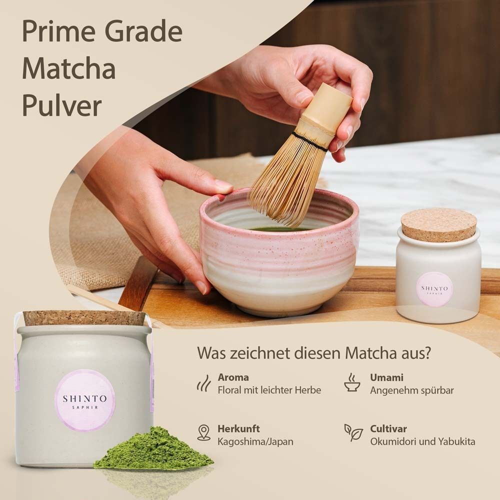 Matcha-Pulver, Schale, Bambusbesen und Dose mit "SHINTO Saphir".