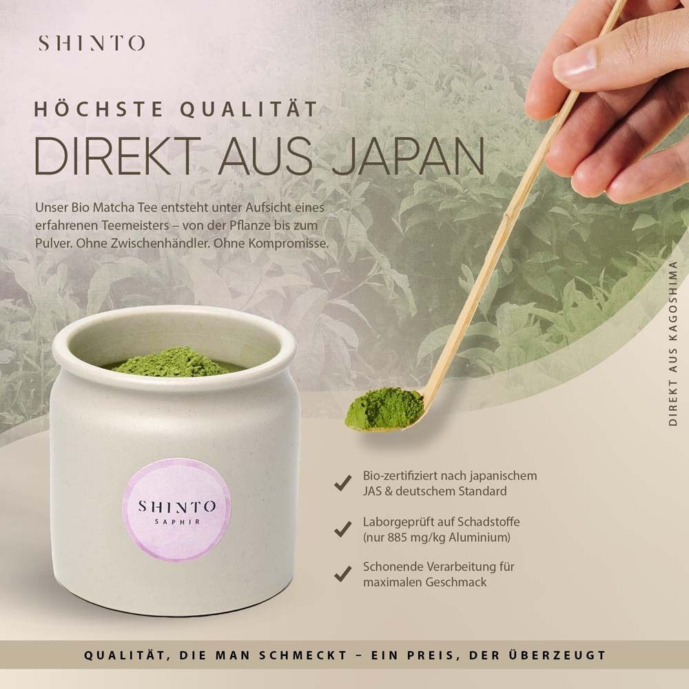 Dose mit Matcha-Pulver, Löffel. Text: "SHINTO Saphir".