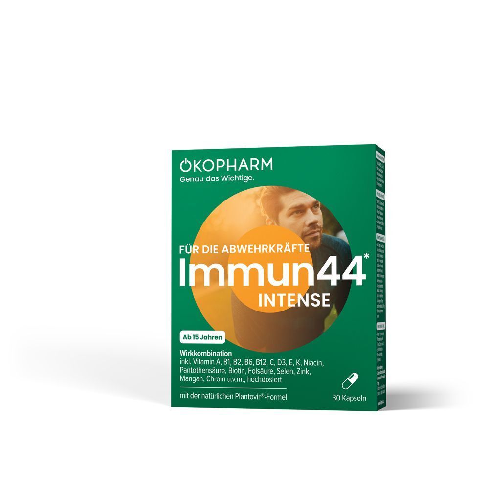 Grüne Schachtel ÖKOPHARM® Immun44® Intense. Aufdruck: Immun-Boost, ab 15 Jahren, 30 Kapseln. Wirkstoffkombination.