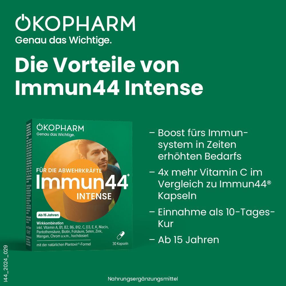 Grüner Hintergrund. Text: Vorteile von Immun44 Intense. Abgebildet: Schachtel Immun44 Intense, 30 Kapseln. Text: Ab 15 Jahren.