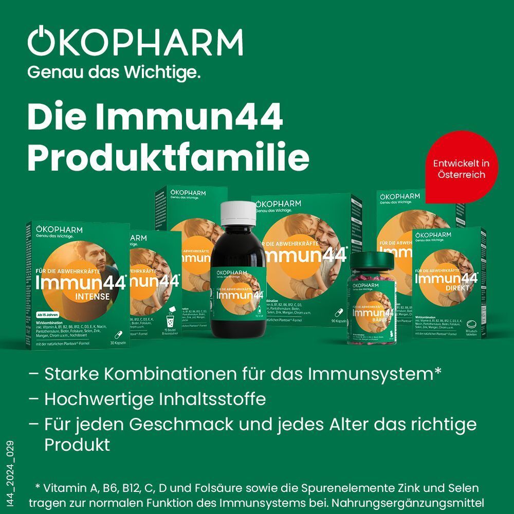 Grüner Hintergrund. Text: Die Immun44 Produktfamilie. Abgebildet: verschiedene Immun44 Produkte. Text: Entwickelt in Österreich.