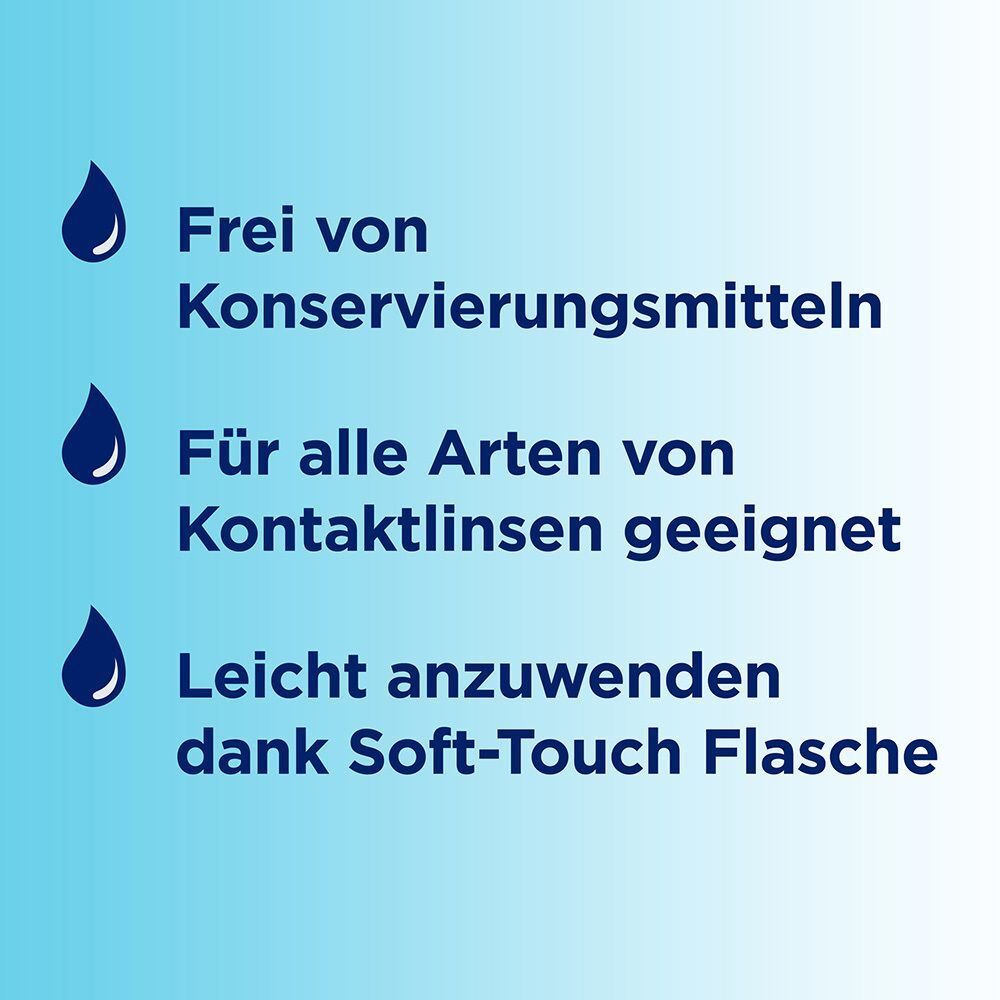 Drei Symbole: Frei von Konservierungsmitteln, für Kontaktlinsen geeignet, Soft-Touch Flasche.