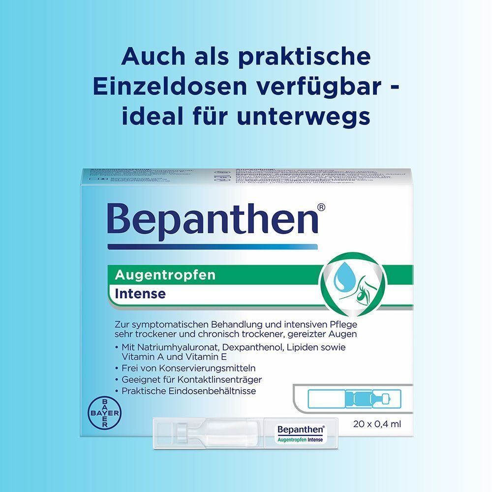 Verpackung Bepanthen® Augentropfen Intense. Einzelportionen. Text: Auch als praktische Einzeldosen verfügbar - ideal für unterwegs.