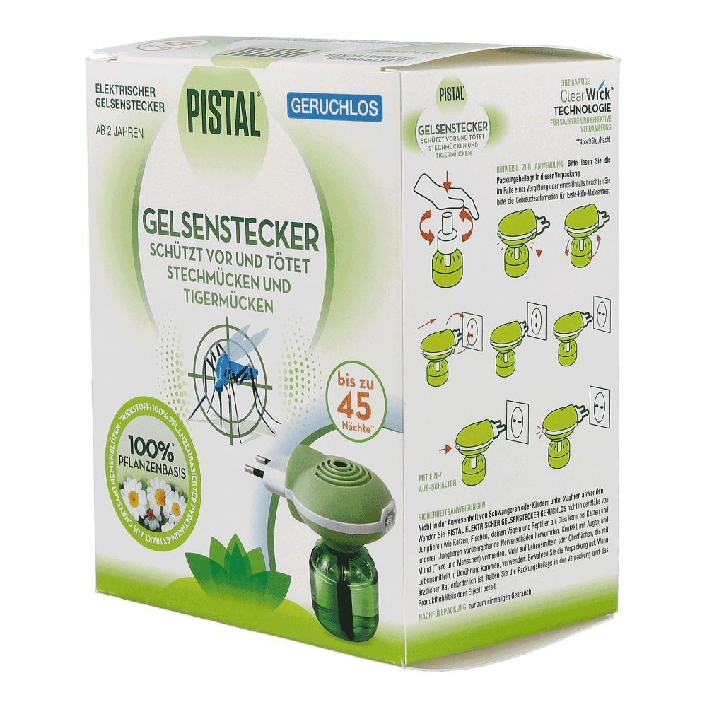 Eine Packung Pistal® Gelsenstecker geruchlos, mit Abbildung des Verdampfers, Gebrauchsanleitung und Hinweisen zur Pflanzenbasis.