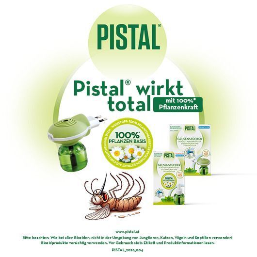 Pistal® Gelsenstecker geruchlos mit Verdampfer, Mücke und Hinweis auf 100% Pflanzenbasis. Packungen im Hintergrund.