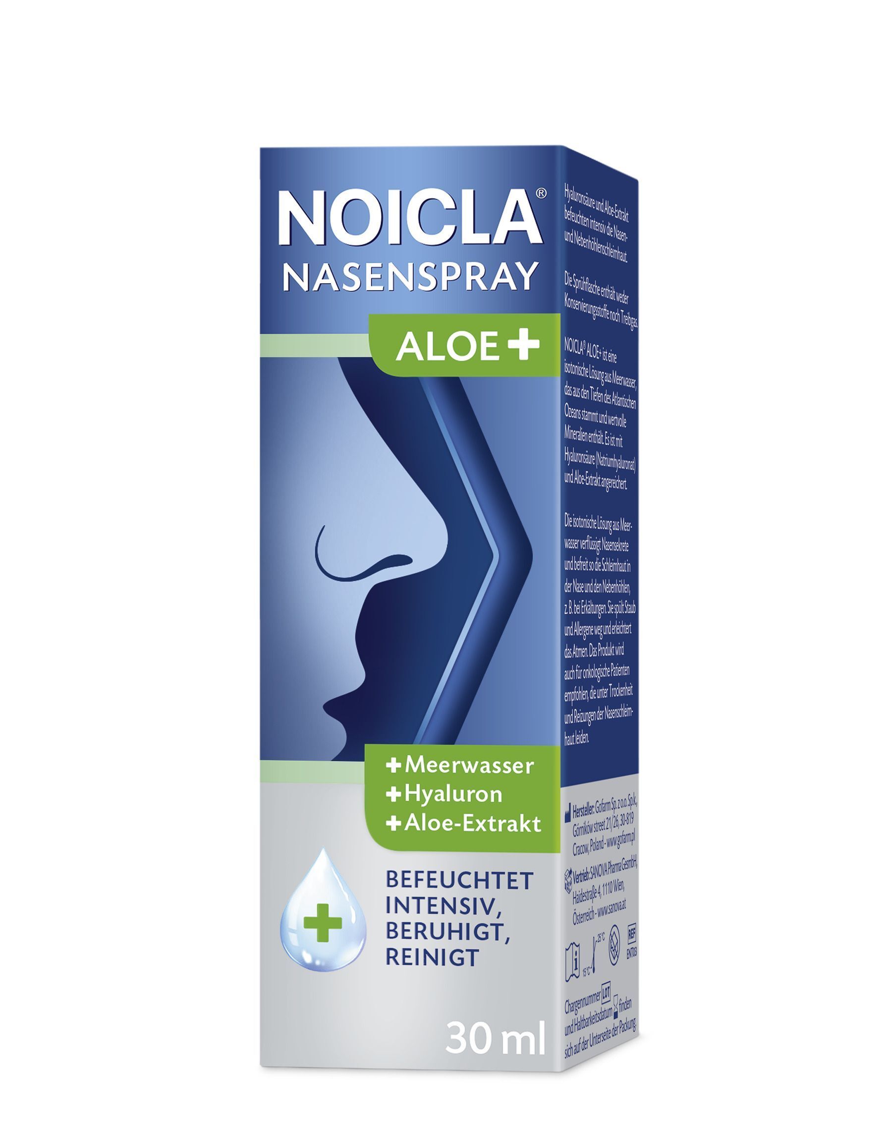 Eine Packung Nasenspray. Aufschrift: NOICLA NASENSPRAY, ALOE+. Inhaltsstoffe: Meerwasser, Hyaluron, Aloe-Extrakt. Befeuchtet, beruhigt, reinigt.