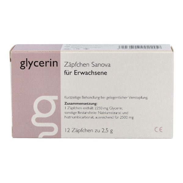 Eine Schachtel Glycerin Zäpfchen Sanova für Erwachsene, 12 Zäpfchen zu 2,5g. CE-Kennzeichnung.