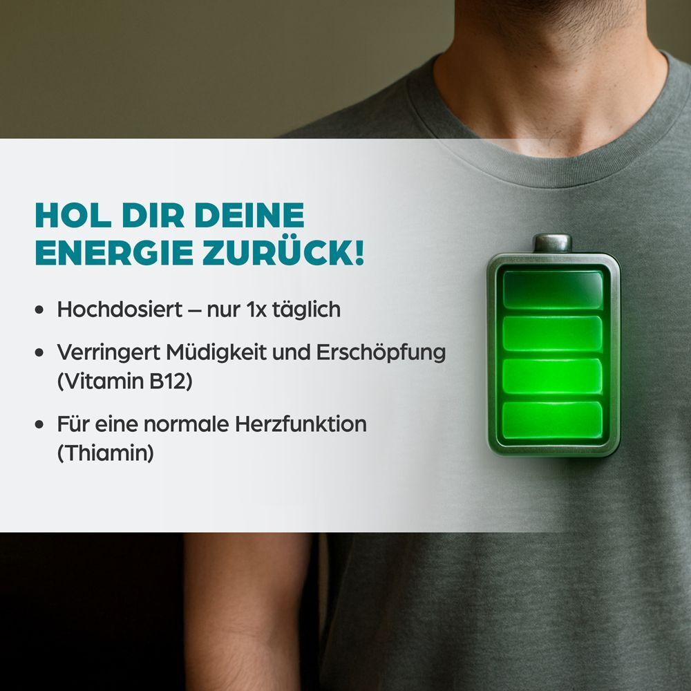 Mann mit einem stilisierten Akku-Symbol, das volle Energie anzeigt. Text: "HOL DIR DEINE ENERGIE ZURÜCK!".