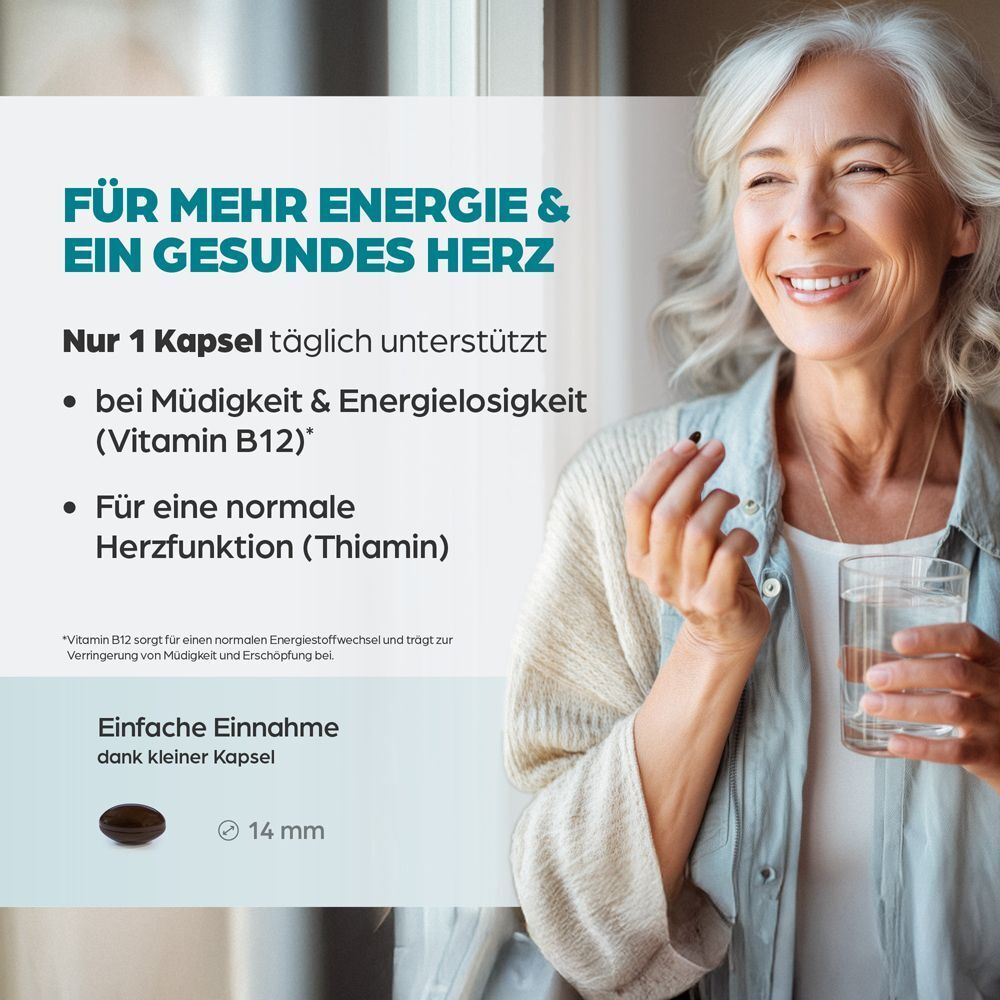 Frau nimmt eine Kapsel ein, mit Text über Energie, Herzfunktion und Kapselgröße (14 mm).