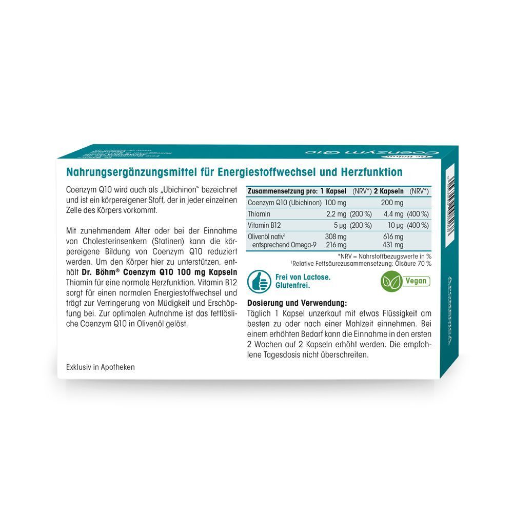 Rückseite einer Packung Dr. Böhm Coenzym Q10 mit Nährwertangaben, Inhaltsstoffen und Dosierungshinweisen.