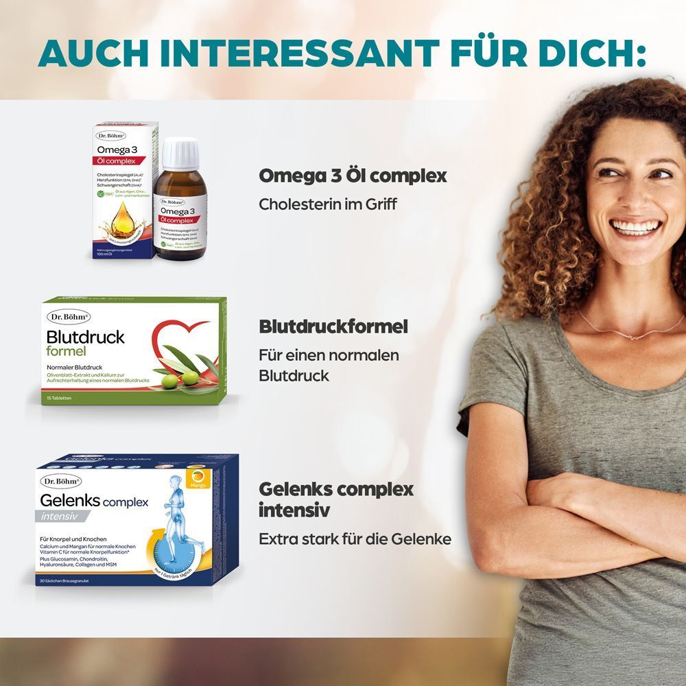 Frau neben Darstellungen von Dr. Böhm Omega 3, Blutdruckformel und Gelenkkomplex.