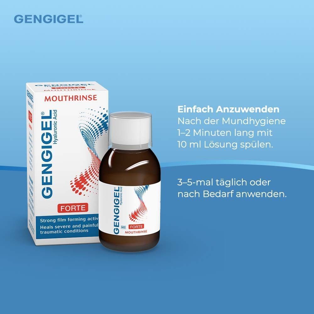 Gengigel Forte Mundspülung: Einfach anzuwenden, 1-2 Minuten spülen, 3-5 Mal täglich.