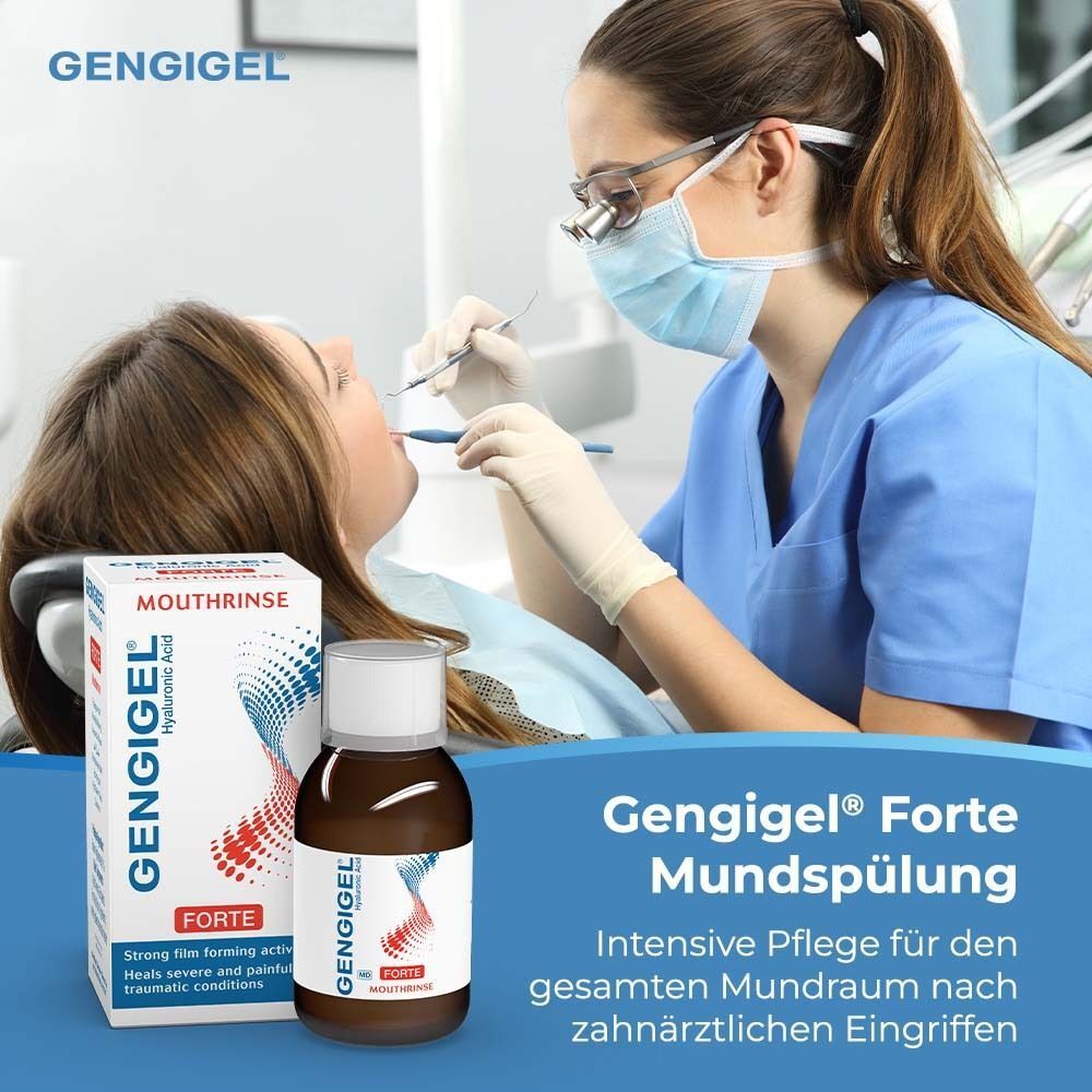 Zahnärztin behandelt Patientin, Gengigel® Mundspülung Forte im Vordergrund.
