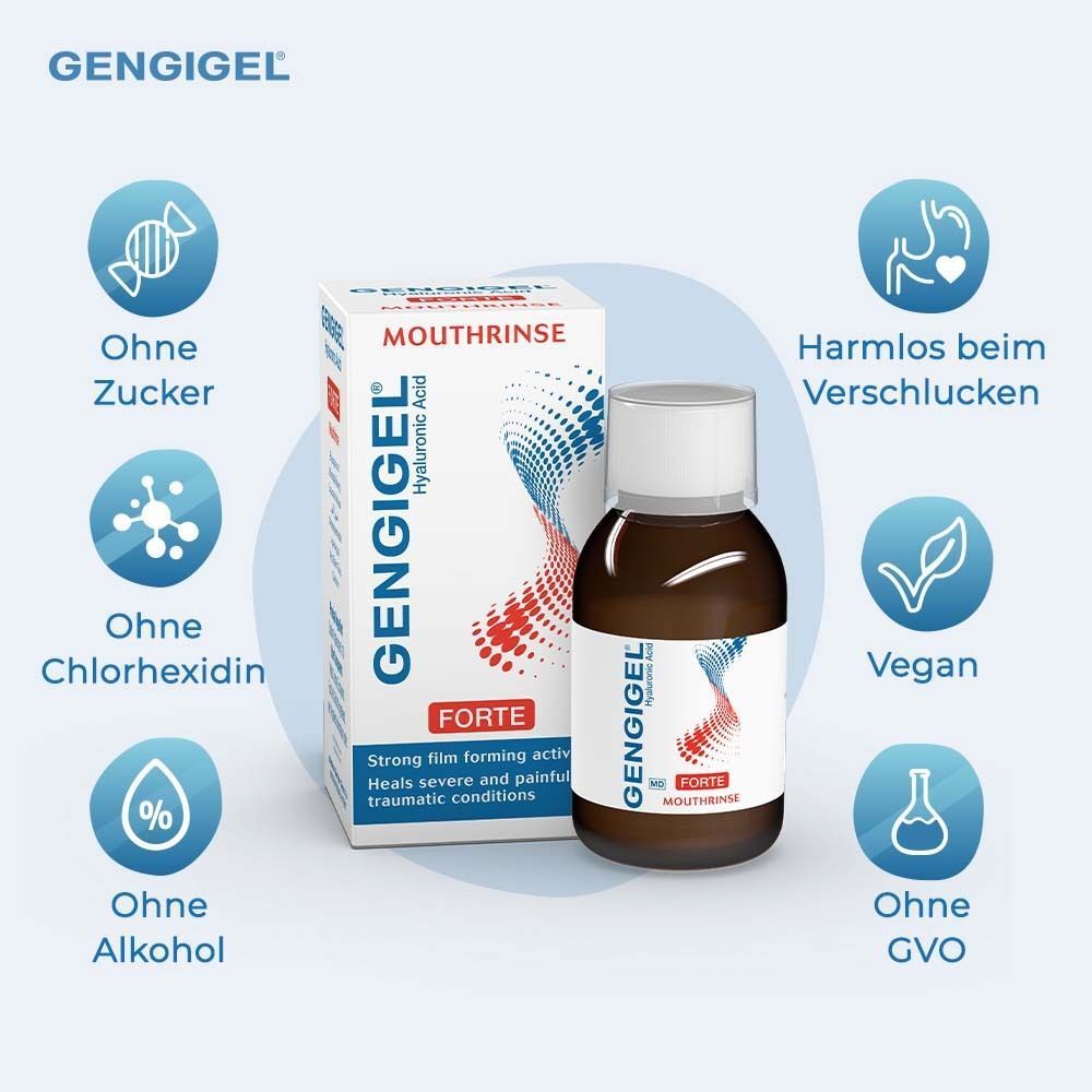 Gengigel® Mundspülung Forte: Ohne Zucker, Chlorhexidin, Alkohol; vegan und ohne GVO.