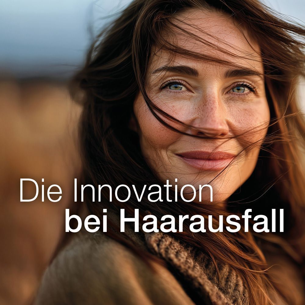 Porträt einer lächelnden Frau mit wehendem Haar, Text: Die Innovation bei Haarausfall.