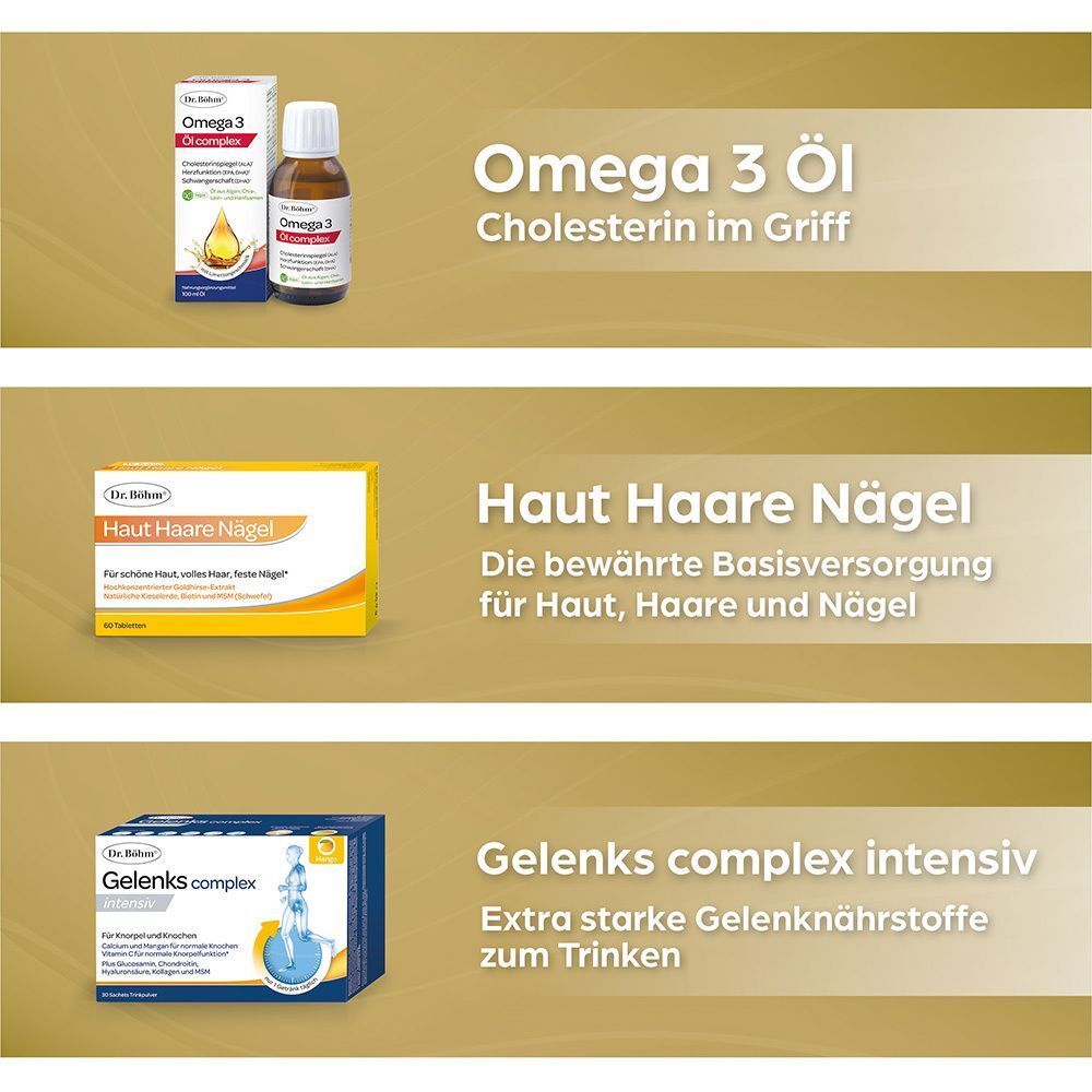Drei Produktanzeigen: Omega 3 Öl, Haut Haare Nägel, Gelenks complex intensiv.