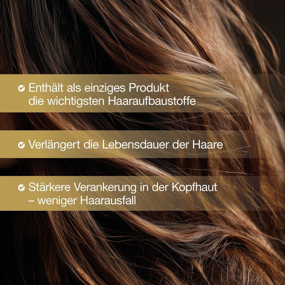 Drei Vorteile für das Haar: Enthält Baustoffe, verlängert Lebensdauer, stärkere Verankerung, weniger Haarausfall.