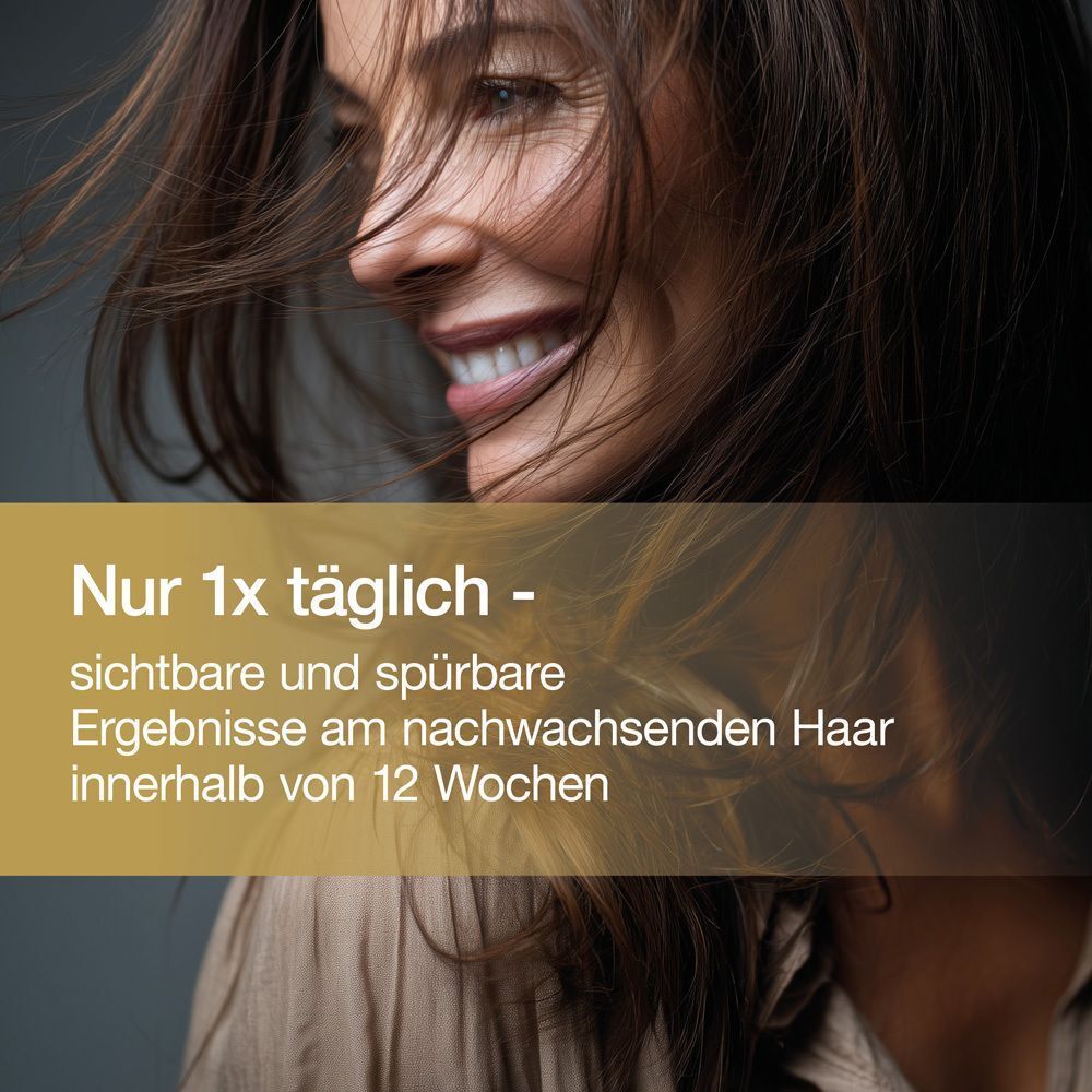 Frau mit vollem, glänzendem Haar und dem Text 'Nur 1x täglich - sichtbare und spürbare Ergebnisse am nachwachsenden Haar innerhalb von 12 Wochen'.