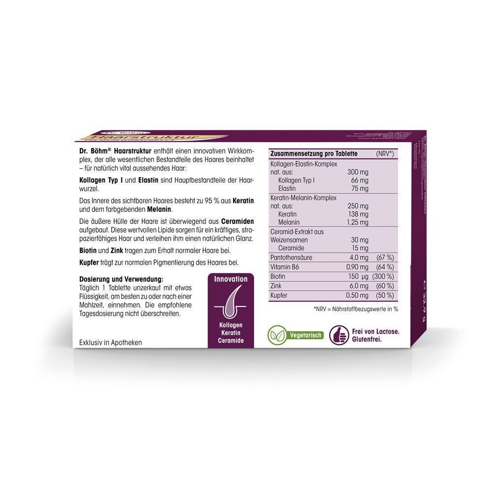 Rückseite der Dr. Böhm Haarstruktur Packung mit detaillierten Informationen zu Inhaltsstoffen und Anwendung.