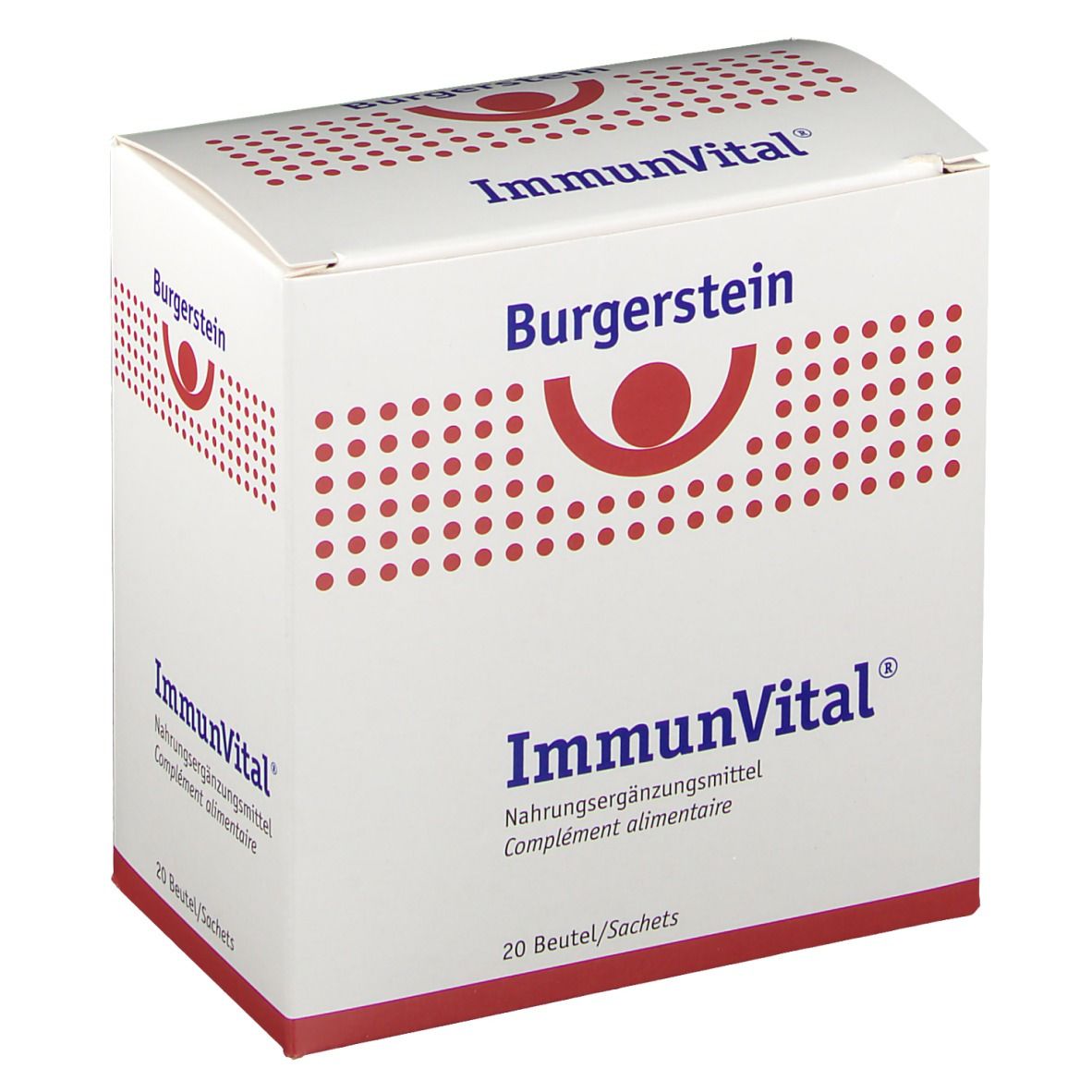Weiße Schachtel mit "Burgerstein ImmunVital". 20 Beutel. Schriftzug "Nahrungsergänzungsmittel".
