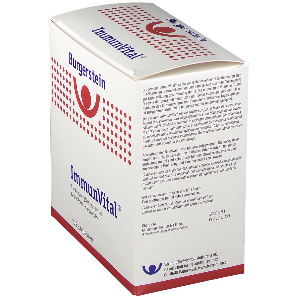 Weiße Schachtel "Burgerstein ImmunVital". Text über Inhaltsstoffe und Anwendung. 20 Beutel/Sachets.