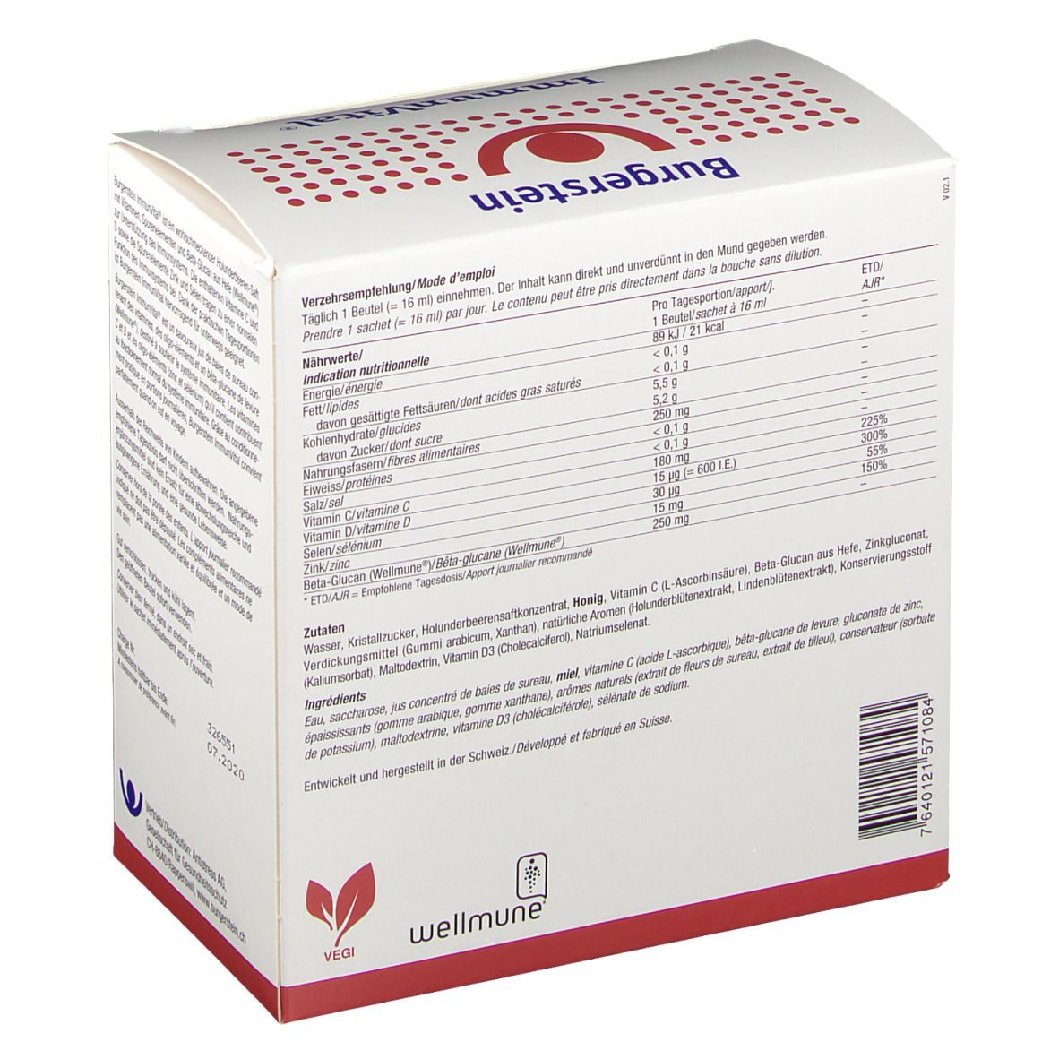 Weiße Schachtel "Burgerstein ImmunVital". Rückseite mit Nährwertangaben und Inhaltsstoffen. 20 Beutel.