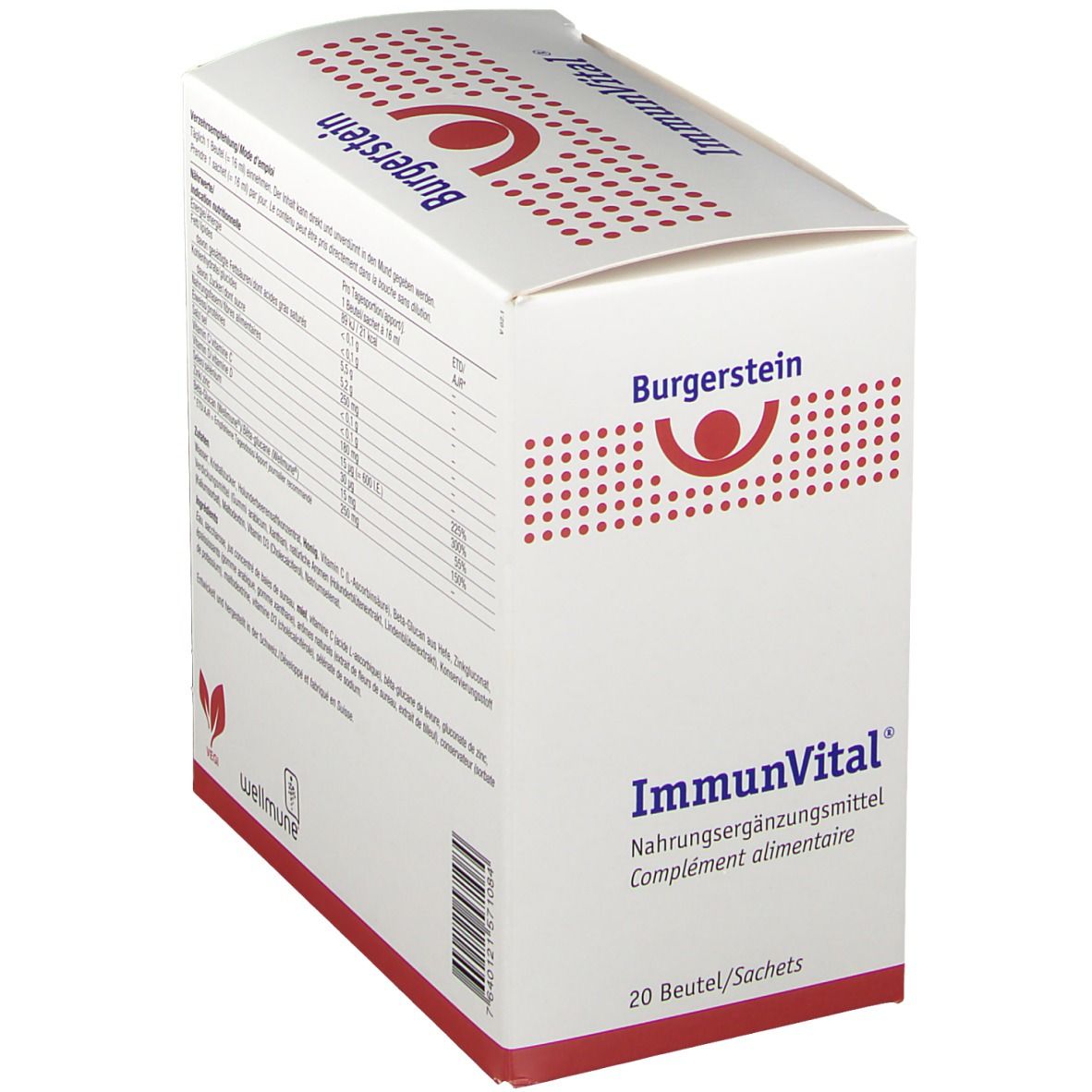 Weiße Schachtel "Burgerstein ImmunVital". Text über Inhaltsstoffe und Anwendung. 20 Beutel/Sachets.