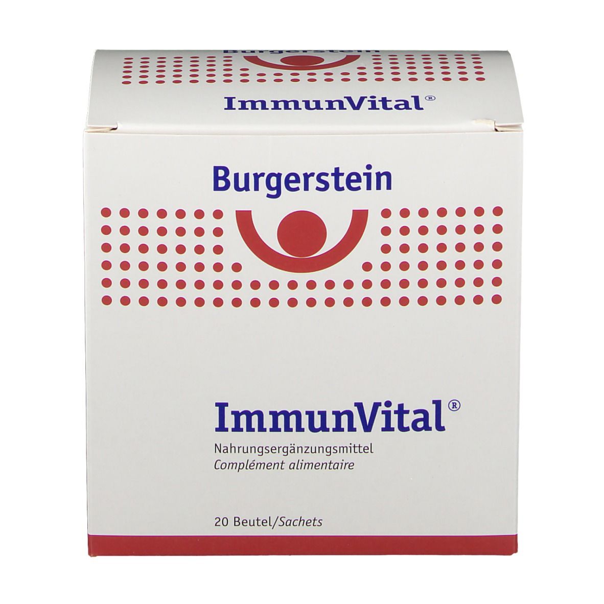 Weiße Schachtel "Burgerstein ImmunVital". 20 Beutel/Sachets. Schriftzug "Nahrungsergänzungsmittel".