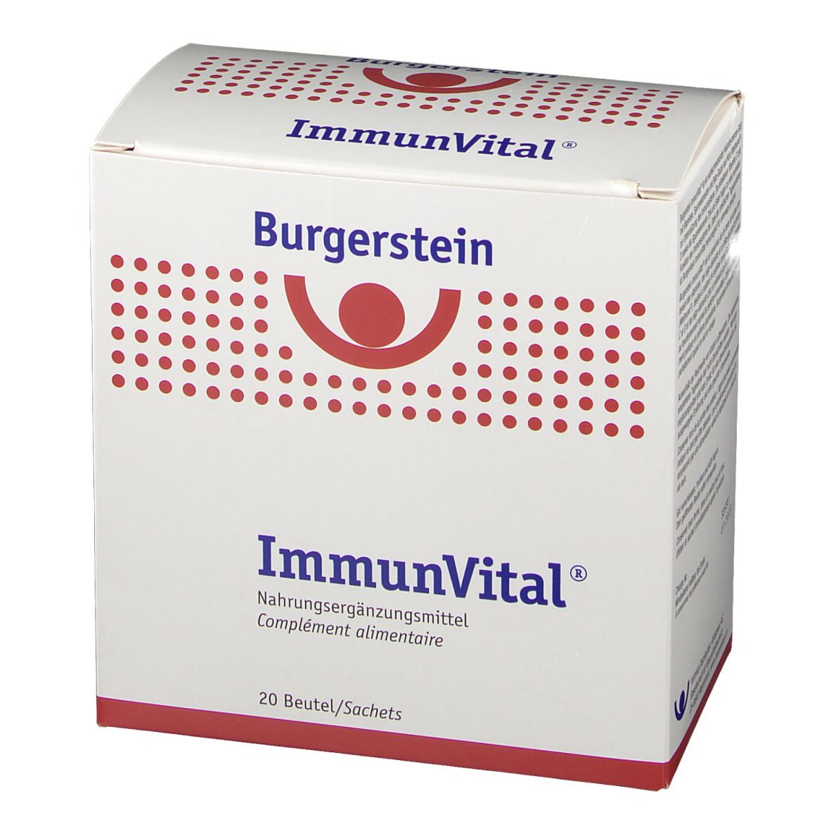 Weiße Schachtel "Burgerstein ImmunVital". 20 Beutel/Sachets. Schriftzug "Nahrungsergänzungsmittel".