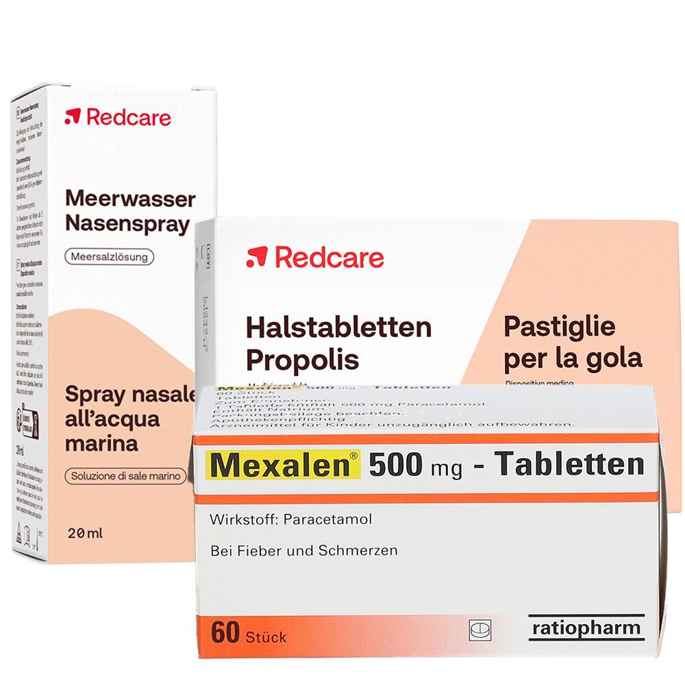 Drei Medikamentenverpackungen: Nasenspray, Halstabletten und Tabletten. Aufschrift: Redcare, Mexalen 500 mg Tabletten, 60 Stück.