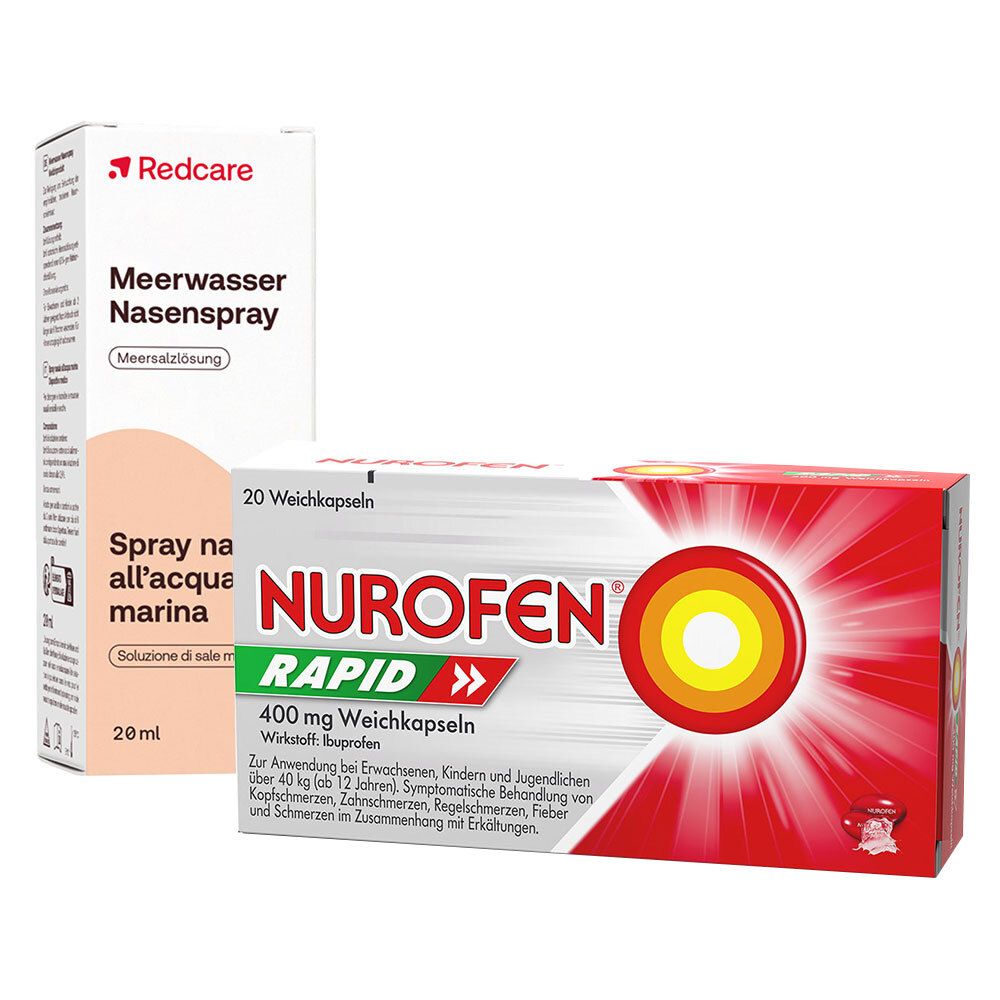 Redcare Meerwasser Nasenspray und Nurofen Rapid Schachtel. Beide Produkte sind nebeneinander platziert.