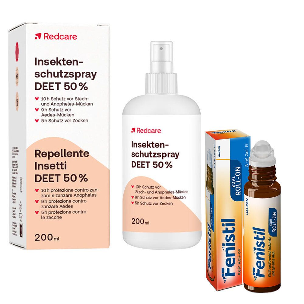Drei Produkte: Redcare Insektenschutzspray, Fenistil Kühl Roll-on. Sprayflasche und Roll-on-Flasche, beide mit Etiketten. Karton mit Spray.