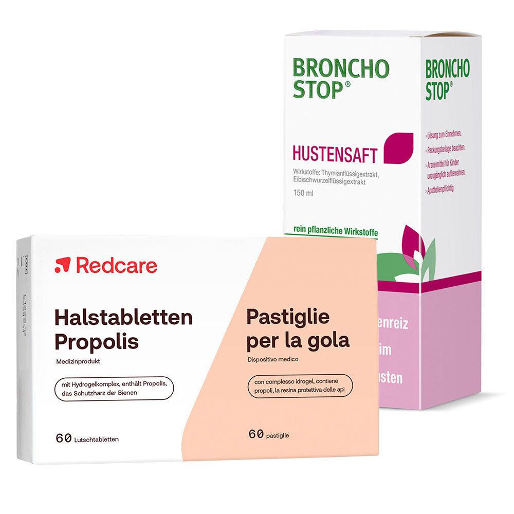 Zwei Verpackungen: Hustensaft und Halstabletten. Hustensaft-Box mit Schriftzug "BRONCHOSTOP". Halstabletten-Box mit "Redcare" und "Halstabletten Propolis".