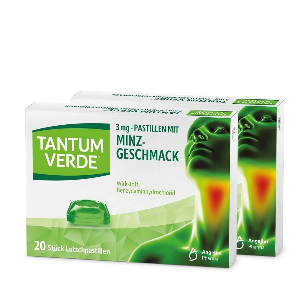 Zwei Packungen TANTUM VERDE® Halspastillen Minze. 20 Lutschpastillen pro Packung. Grüne Pastille sichtbar.